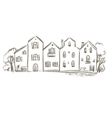 Stylized vintage houses, hand drawn, on white background