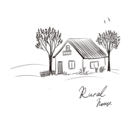 Stylized vintage houses, hand drawn, on white background