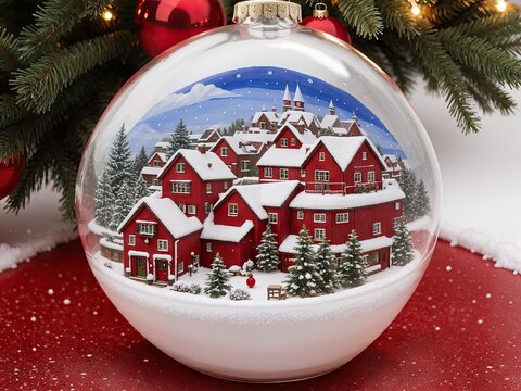  a christmas ornament with a picture of a red house on it.  generative ai