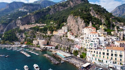 Fototapeta na wymiar Amalfi - Italy - aerial view from the sea to the romantic town