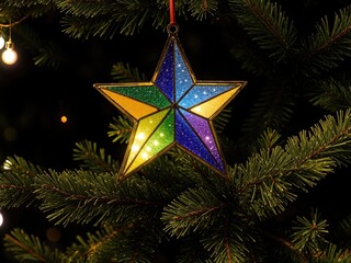  a colorful star ornament hanging from a christmas tree.  generative ai