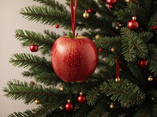 Fototapeta na wymiar a red ornament hanging from a green christmas tree. generative ai