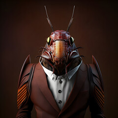 Realistic lifelike cockroach pest in dapper high end luxury formal suit and shirt, commercial, editorial advertisement, surreal surrealism	

