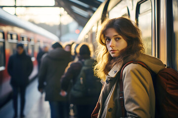 A young woman with a backpack at the railway station near the train