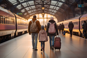 Family with luggage walks along the railway platform at the station