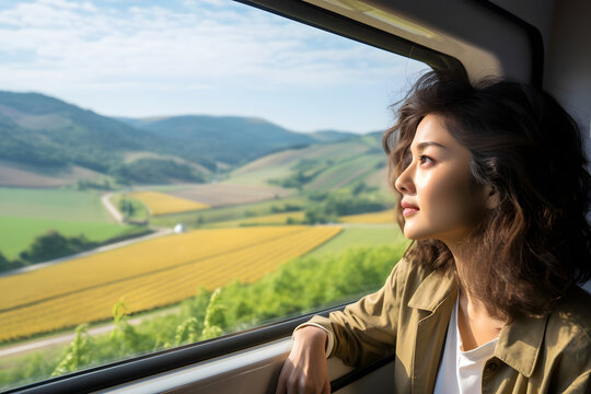 Young Asian Woman Looking Out The Train Window, Slow Travel Concept