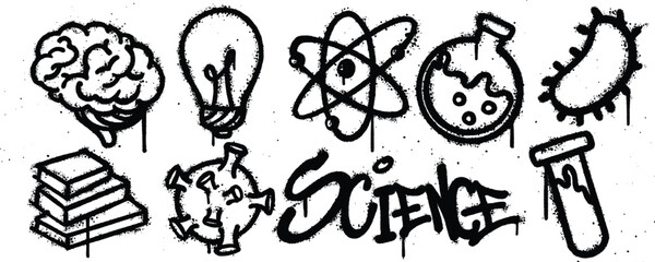 Set science graffiti spray paint. Collection of brain, lightbulb, molecule, chemical test tube, bacteria, book Isolated Vector