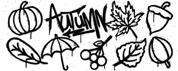 Set Autumn graffiti spray paint. Collection of pumpkin, autumn leaves, nuts, leaves, umbrella Isolated Vector