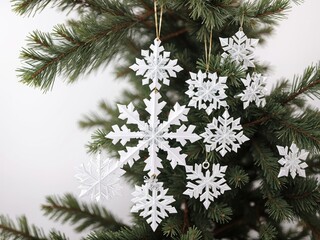  a close up of a snowflake ornament on a tree.  generative ai