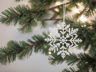  a snowflake ornament hanging from a pine tree.  generative ai