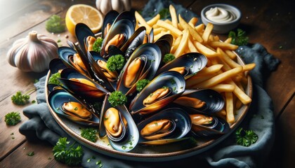 A plate of Moules Marinières, traditional French mussels cooked in white wine and garlic with crispy fries - obrazy, fototapety, plakaty