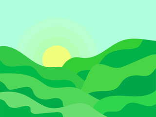 Obraz premium Wavy landscape with green hills and the sun on the horizon. Dawn with green meadows in a minimalist style. Design for posters, prints and banners. Vector illustration