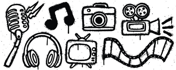 Set graffiti spray paint. Collection of microphone, music,camera, camera record, film,television, headphone Isolated Vector