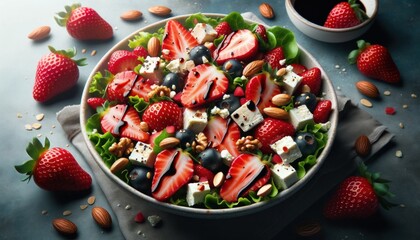 Refreshing summer salad, featuring ripe strawberries, feta cheese, and toasted nuts, drizzled with balsamic glaze.