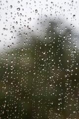 Water drops on the window glass with a tree behind.