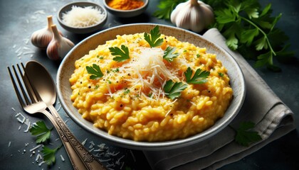 Risotto alla Milanese, a creamy rice dish infused with saffron, garnished with grated parmesan and fresh parsley