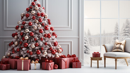 Christmas Home Interior with White Christmas tree. Generative AI