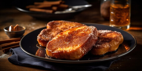Fototapeta premium Fried French toast with honey. Dark background. Generative AI.
