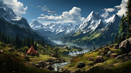 Beautiful cloudy weather with mountain, lake and camp