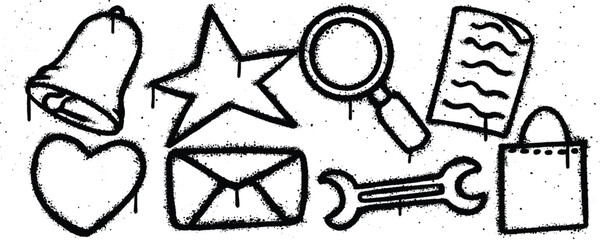 Set graffiti spray paint. Collection of bell, star, magnifying glass, paper, paper bag, wrench, envelope, love Isolated Vector