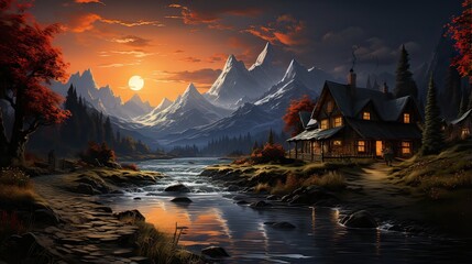 Fantasy landscape with mountain, lake and wooden house having sun