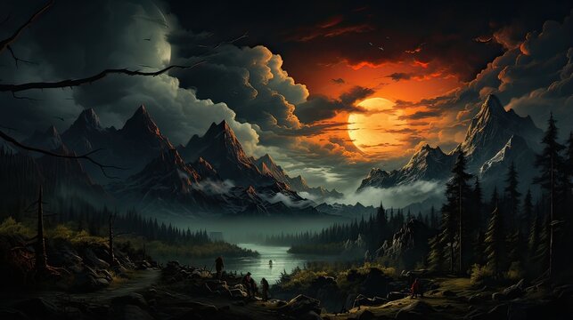 Fantasy landscape with mountain, lake and big sun behind