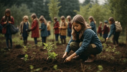 Girls volunteer to grow plants, the concept of preserving the environment - obrazy, fototapety, plakaty