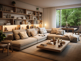 Interior image of a living room with dormer windows and a beige sofa near a turned on table lamp. Natural light