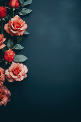 minimalist dark blue background with roses, top view with empty copy space