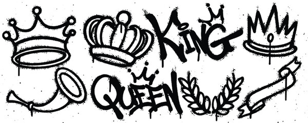 Set king, queen graffiti spray paint. Collection of crown Isolated Vector - obrazy, fototapety, plakaty