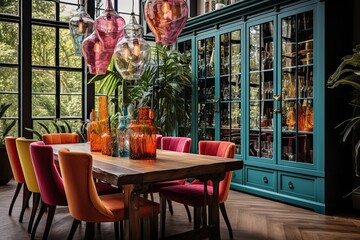 Dining room in trendy style. Modern and vintage furniture accompany each other, colorful dishes and rustic chic - maximalism is in full swing.
