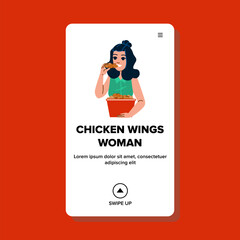 tasty chicken wings woman vector. fried meal, wing eat, delicious restaurant tasty chicken wings woman web flat cartoon illustration