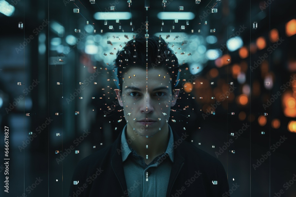 Poster automated face detection analyze. face recognition. fictional person. generate ai