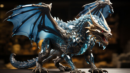 crystal blue dragon, on black background. Generative AI - obrazy, fototapety, plakaty