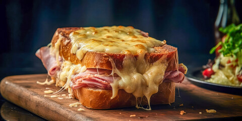 Ham toast with melted cheese au gratin. Generative AI.