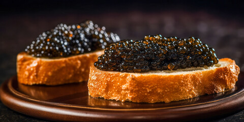 Black caviar toast on dark background. Generative AI.