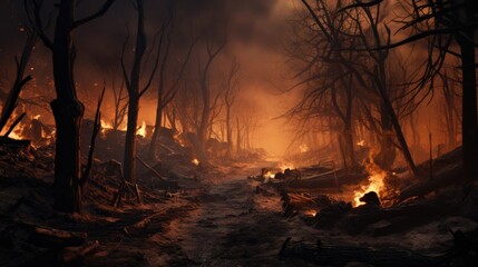 Forest fire aftermath, burnt trees and smoky air.