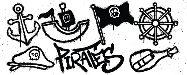 Set pirates graffiti spray paint. Collection of anchor, pirate ship, flag, rudder adventure bottle, pirate hat Isolated Vector