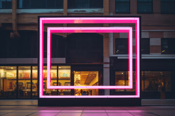 Abstract technology square space interface hologram elements neon lights. Generative AI