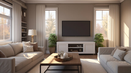 Fototapeta na wymiar cozy TV or Family Room with TV on the wall. Generative AI