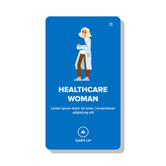 young healthcare woman vector. adult medical, happy hospital, medicine smiling young healthcare woman web flat cartoon illustration