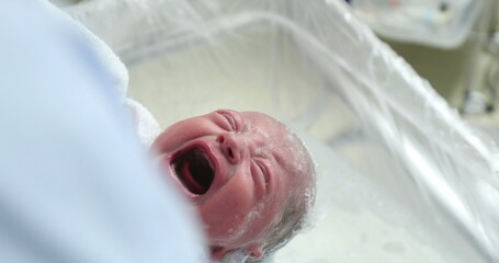 Newborn baby bath, washing cleaning infant head