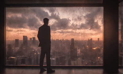 Bankrupt businessman. businessman feels frustrated about his career and Looking out of the Window on a rainy day. Businessman is discouraged by his affairs in Office. be insolvent, go broke,