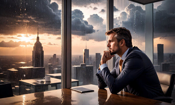 Bankrupt businessman. businessman feels frustrated about his career and Looking out of the Window on a rainy day. Businessman is discouraged by his affairs in Office. be insolvent, go broke,
