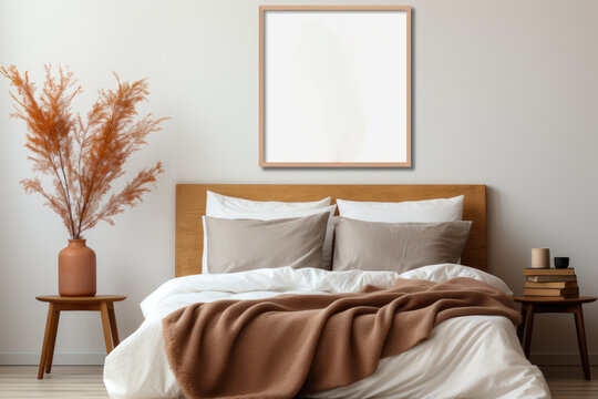 A beautiful canvas frame in bedroom room, bed room interior, Generative AI