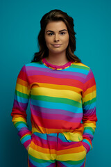 Woman in rainbow striped outfit standing in front of blue background.