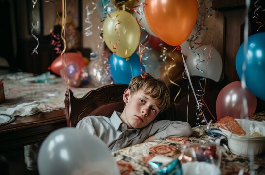 An 12 year old child sits amidst a messy room after their birthday celebration. Balloons are deflating, gifts are scattered, and the child appears slightly sad