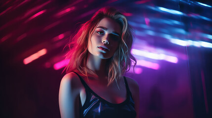 Portrait of an attractive young woman in the neon dark lighting of a nightclub. Copy space, night...