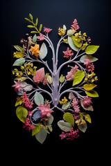 Picture of human lungs made out of flowers and leaves on black background.
