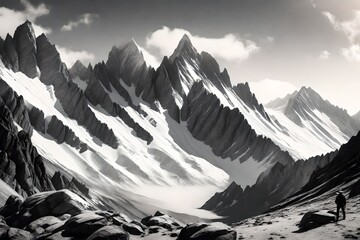  a detailed pencil sketch of a rugged mountain range, capturing the play of light and shadow on the peaks.